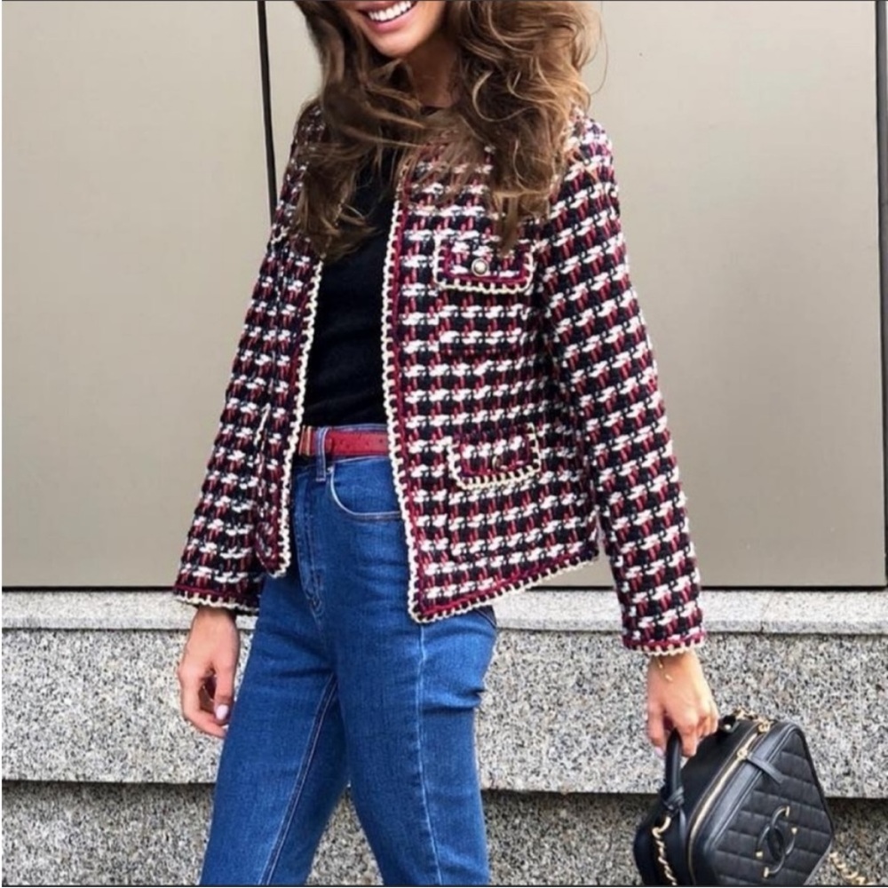ZARA BLOGGER Navy & Red Classic Textured Tweed Collarless Blazer Suit Jacket S